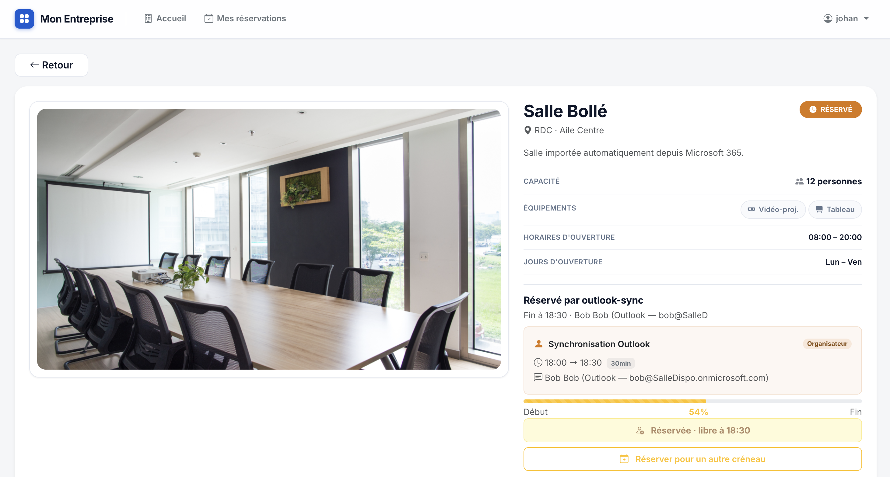Liste des salles avec filtres et barre de progression