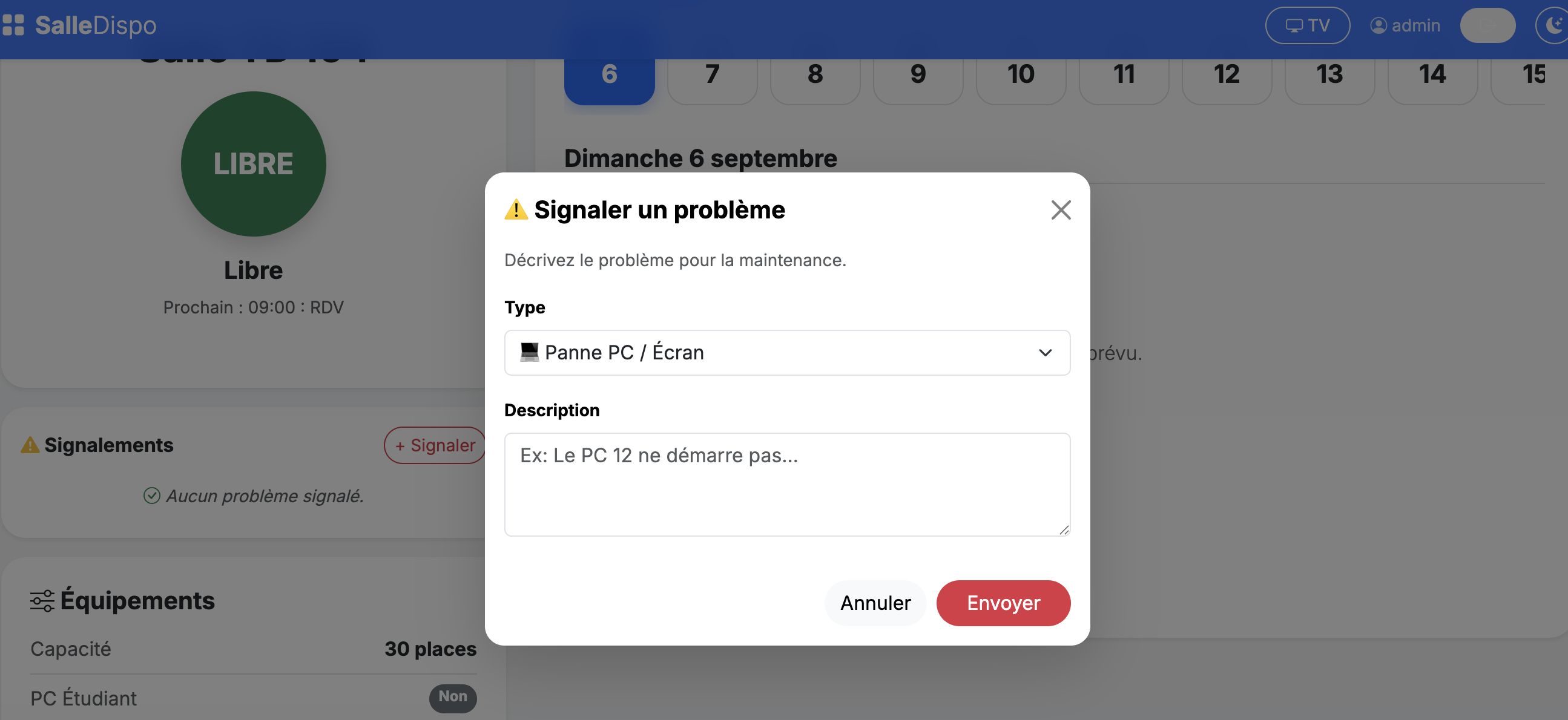 Liste des salles avec filtres et barre de progression