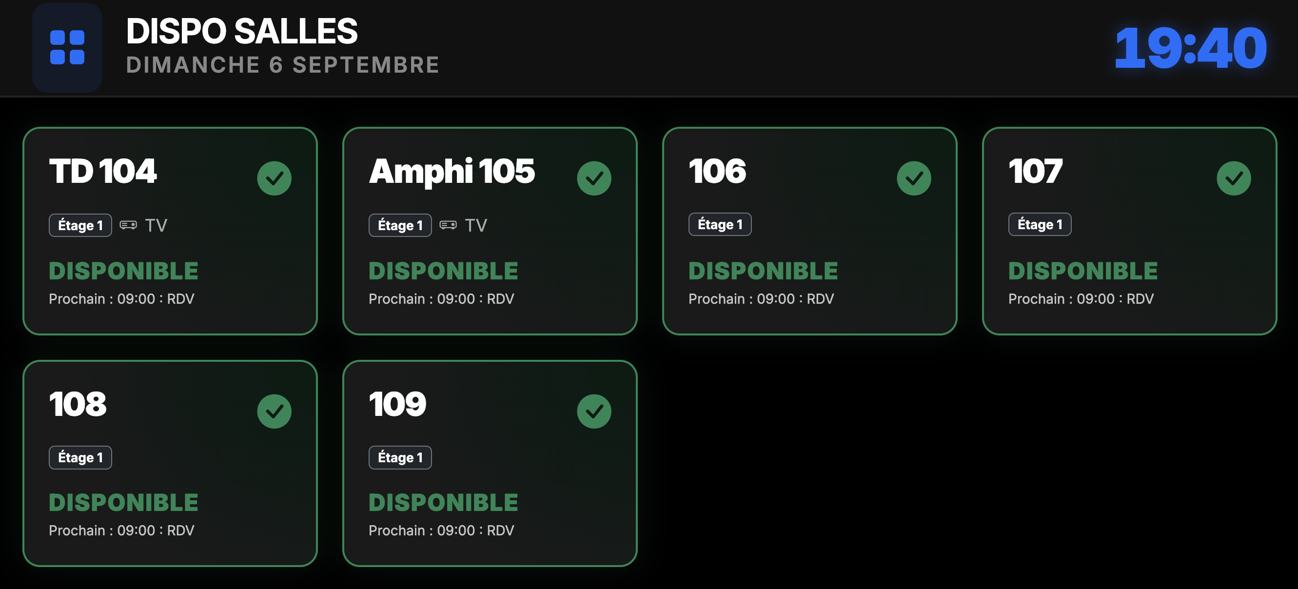 Liste des salles avec filtres et barre de progression